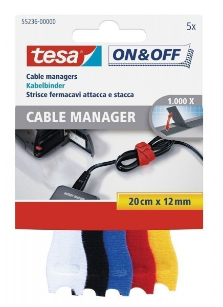 tesa® On & Off Klett Kabelbinder 5 Stück 20 cm x 12 mm bunt