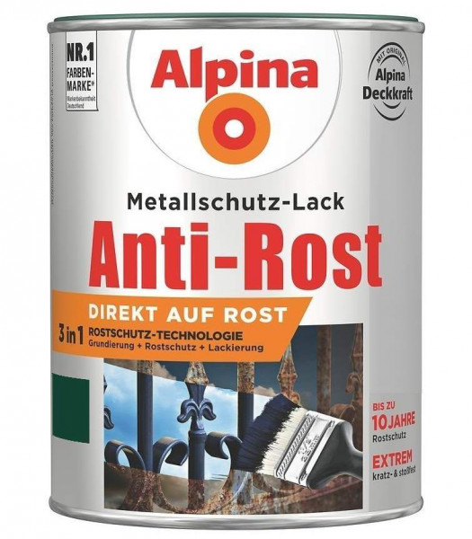 Alpina Metallschutz-Lack Anti-Rost Dunkelgrün Glänzend RAL6005 750ml