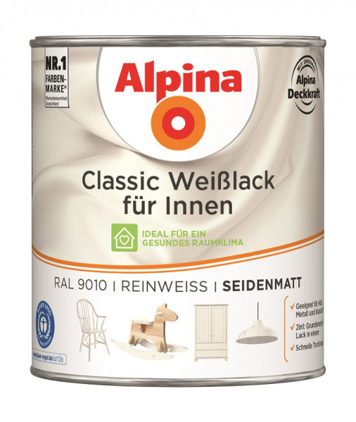 Alpina Classic Weißlack Reinweiß für Innen Seidenmatt RAL9010 750ml