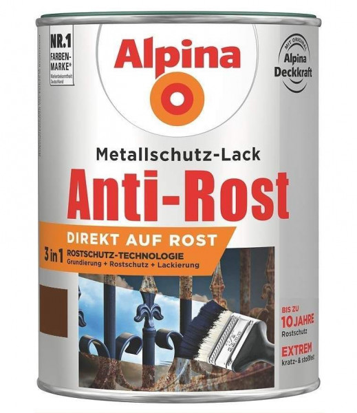 Alpina Metallschutz-Lack Anti-Rost Braun Glänzend RAL8011 750ml