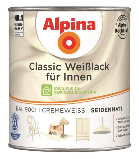 Alpina Classic Weißlack für Innen Cremeweiß Seidenmatt RAL9001 750ml