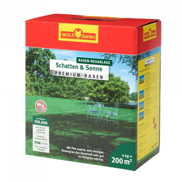 Wolf Garten Premium-Rasen Saatgut Schatten & Sonne LP200 für 200m²