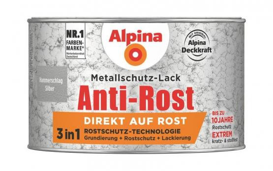 Alpina Metallschutz-Lack Anti-Rost Hammerschlag Silber RAL9006 300ml