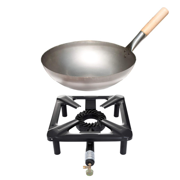 Hockerkocher-Set (klein) mit Stahl-Wok Ø 30 cm - ohne Zündsicherung