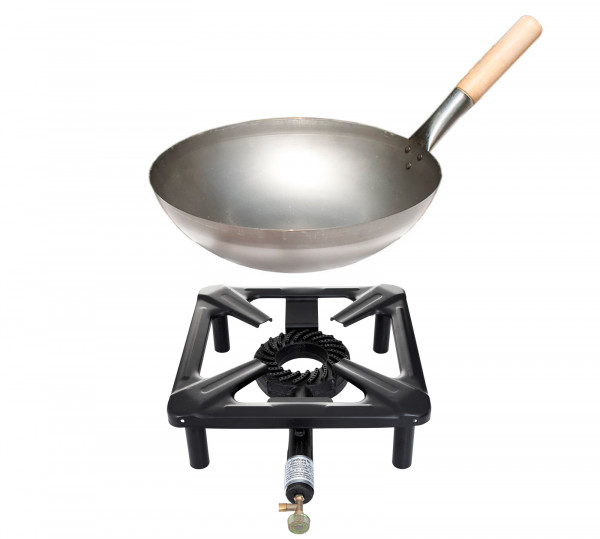 Hockerkocher-Set (groß) mit Stahl-Wok Ø 30 cm - ohne Zündsicherung