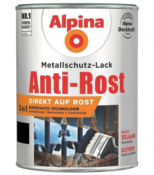 Alpina Metallschutz-Lack Anti-Rost Schwarz Glänzend RAL9005 750ml