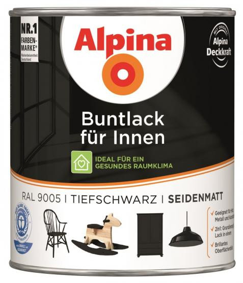 Alpina Buntlack für Innen Tiefschwarz seidenmatt RAL9005 750ml