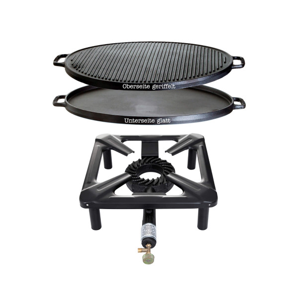 Hockerkocher-Set (groß) mit Gusseisengrillplatte Ø 45 cm - ohne Zündsicherung