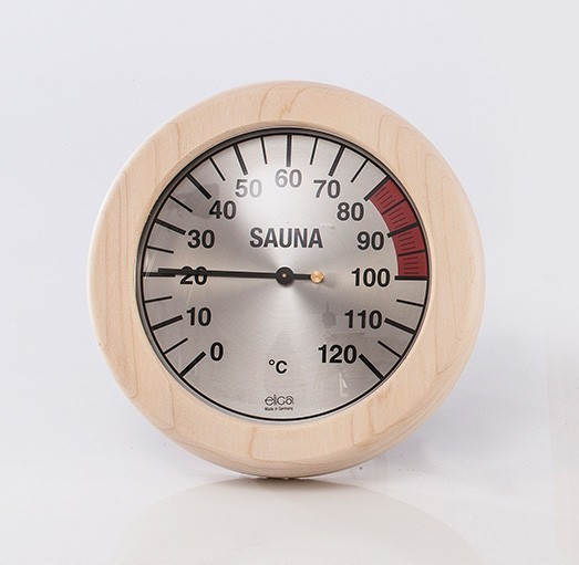 EligaThermometer für Sauna Ø170mm Skala silber mit rundem Holzrahmen