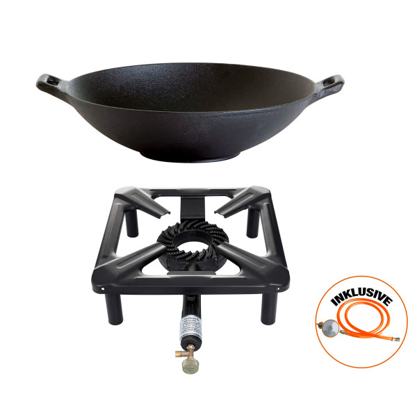 Hockerkocher-Set (groß) mit Gusseisen-Wok Ø 37 cm inkl. Gasschlauch & Regler