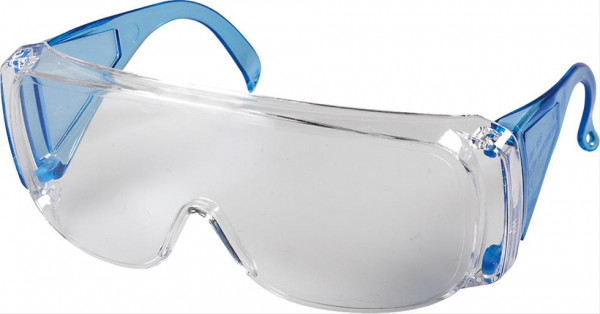 Schutzbrille, voll transparent, blaue transparente Bügel