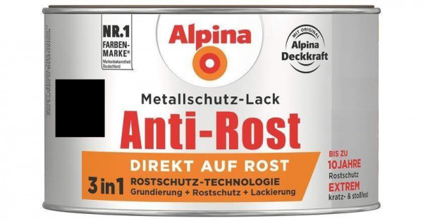 Alpina Metallschutz-Lack Anti-Rost Schwarz Glänzend RAL9005 300ml