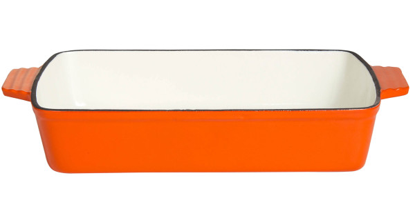 Gussschale mit 2 Griffen, 14 x 9 x 4 cm, orange/weiß emailliert